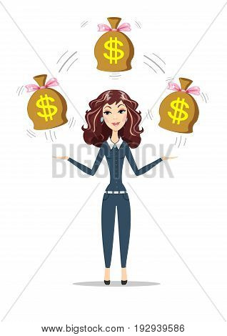 Abstract Businesswoman holding bags full of money. Women in business. For use in presentations. Stock flat vector illustration