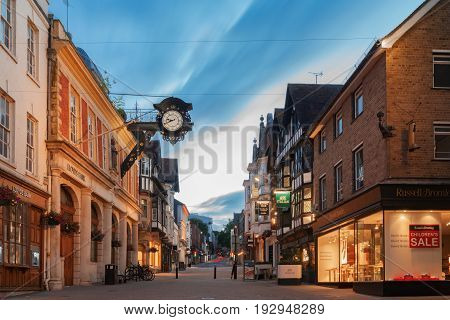 Winchester, UK. 25th June 2017. The streets of Winchester City centre at dusk on a quiet, warm summer's evening.