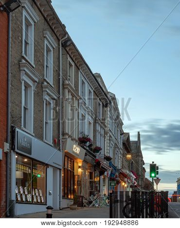 Winchester, UK. 25th June 2017. The streets of Winchester City centre at dusk on a quiet, warm summer's evening.