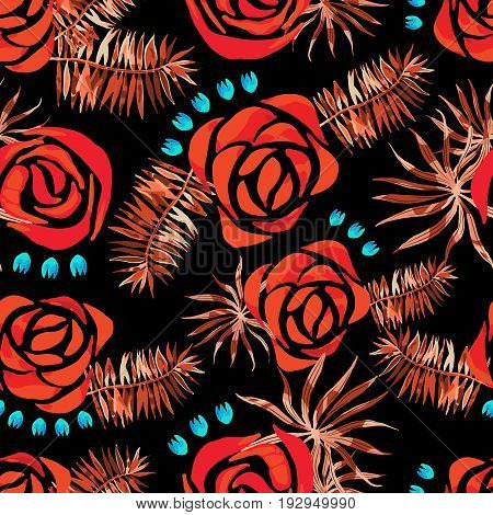 Vector abstract watercolor pattern with palm leaves and roses. Seamless pattern with tropical plants. Hawaiian exotic print for swimwear. Aloha tahiti background.