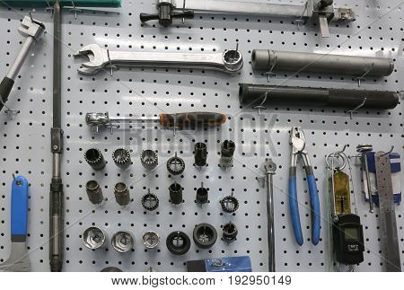Many Tools In The Mechanical Workshop Specializing In Bicycle Re