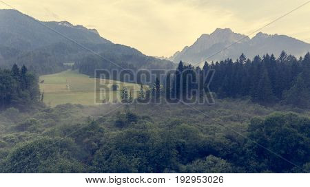 Aerial view of sunrise over a valley. Natural park Zelenci, Slovenia.