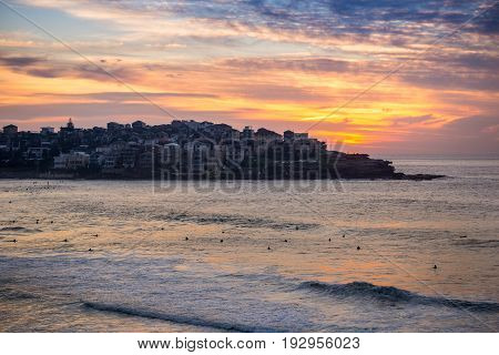 Beautiful moment of sunrise at famous Bondi beachwhere is people come to surfing. Photographed on 2 April 2016.