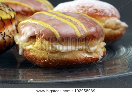 German Donuts - Berliner With Jam And Icing Sugar In A Tray On A Grey Background.