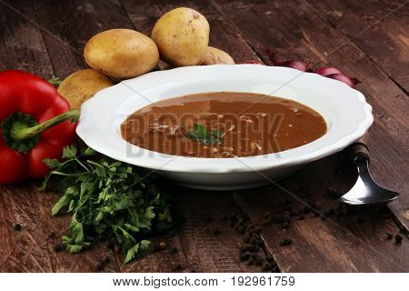Tasty Hungarian Beef Goulash Soup Bograch Close-up On The Table And Ingredient