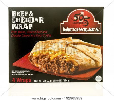 Winneconne WI -22 June 2017: A of 505 southwestern mexiwarps in beef and cheddar wrap on an isolated background