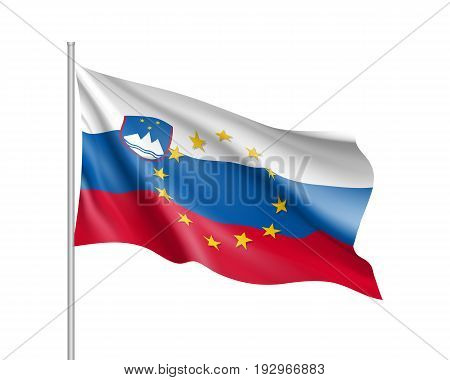 Slovenia national waving flag with a circle of European Union twelve gold stars, identity and unity with EU, member since 1 May 2004. Realistic vector illustration
