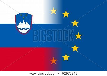 Slovenia national flag with a flag of European Union twelve gold stars, identity and unity with EU, member since 1 May 2004. Vector flat style illustration