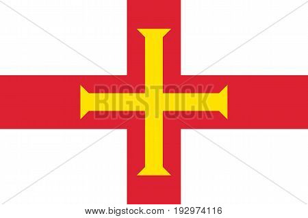 Guernsey, island in the English Channel, civil and state flag, bright red and gold cross within it on white background. Vector flat style illustration