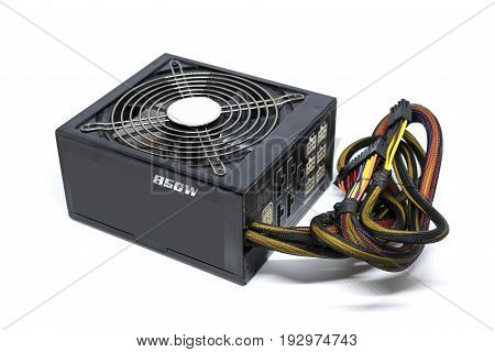 850W Power supply unit with cable and switch I O black color for full ATX Tower case PC have big fan for cool ioslated on white background