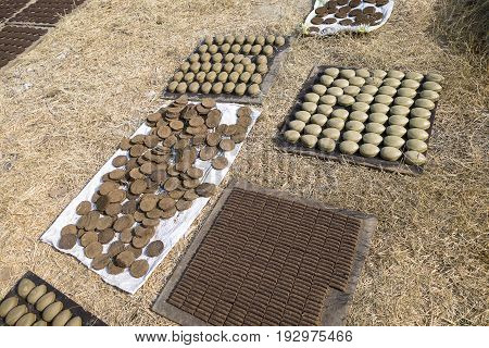 Drying of Ayurvedic semifinished products containing cow manure. One of the stages of the production in the ancient Ayurvedic medicine in the sacred Indian city of Vrindavan