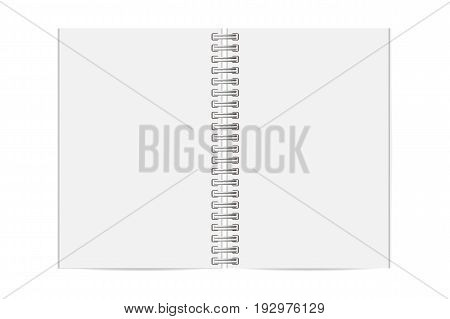 Blank realistic opened spiral notebook isolated on white background. Vertical copybook. Template mock up of organizer or diary. Vector