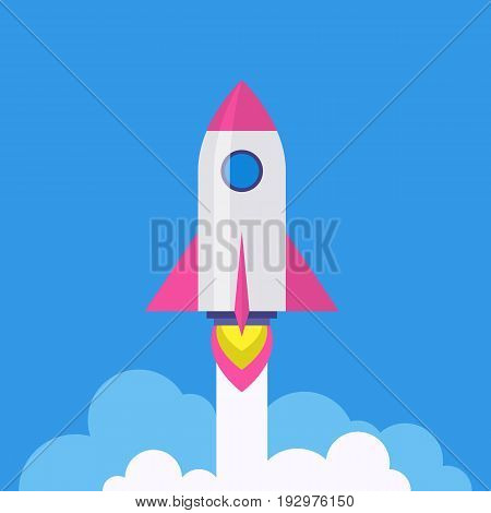 Rocket start sign. Flat internet icon with long shadow in cartoon style. Web and mobile design element. Rocketship - startup launch symbol. Vector colored illustration.
