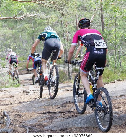 STOCKHOLM SWEDEN - JUNE 11 2017: Rear view of group of mountain bike cyclists in the forest at Lida Loop Mountain bike Race. June 11 2017 in Stockholm Sweden