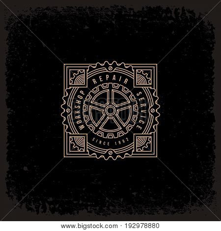 Template design label with cogwheel in trendy linear style on grunge background. Vector illustration.