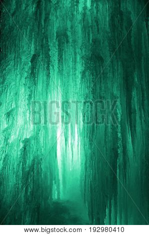Huge Ice Icicles. Large Blocks Of Ice Frozen Waterfall Or Water. Light Green Ice Background. Frozen