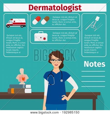 Dermatologist and medical equipment icons with infographics elements for medical and pharmaceutical industry. Vector illustration