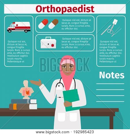 Female character of orthopaedist and medical equipment icons with infographics elements for medical and pharmaceutical industry. Vector illustration