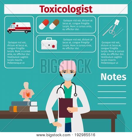 Female character of toxicologist and medical equipment icons with infographics elements for medical and pharmaceutical industry. Vector illustration