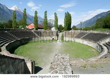 Marigny, Switzerland - 4 April 2013: Roman amphitheater in Martigny Switzerland