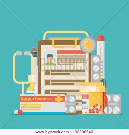 Medicine pills stethoscope. Pill and aid pharmacy and drug capsule. Flat vector illustration