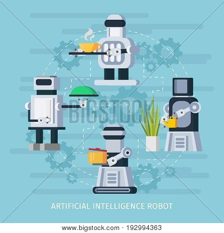 Artificial intelligence robot concept with cyborgs acting watering cooking and waiter functions vector illustration
