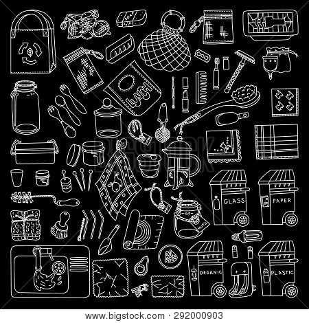 Zero Waste Doodle Set Against Black Background. Kitchen, Beauty, Home And Shopping. Ecoliving. Susta