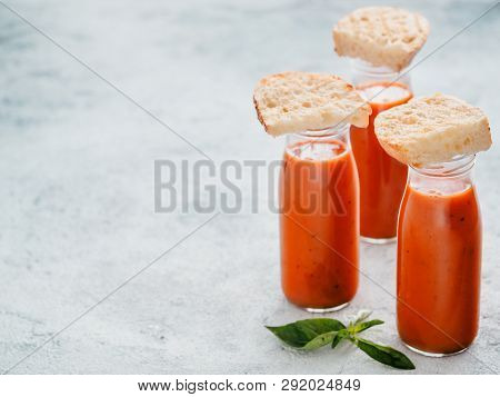 Delicious Gaspacho Soup In Glass Bottles. Traditional Spanish Cold Soup Puree Gaspacho Or Gazpacho O