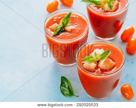 Delicious Gaspacho Soup In Glass. Traditional Spanish Cold Soup Puree Gaspacho Or Gazpacho On Gray C