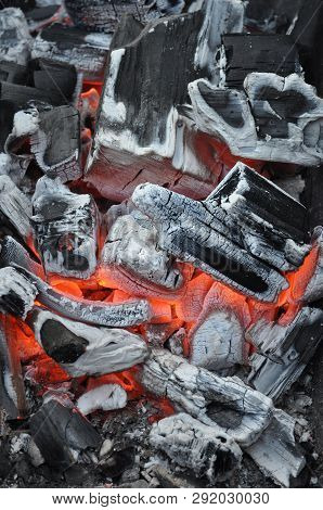 Smoldering Hot Coals Of Wood And Ashes