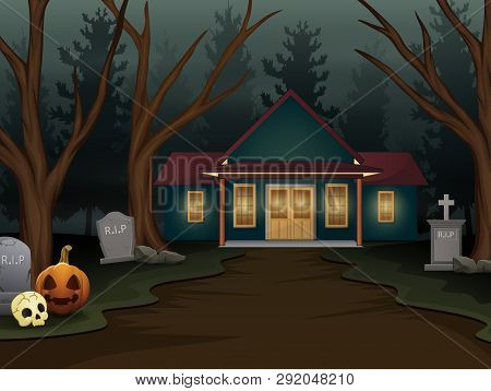Halloween Background With Scary House In The Night