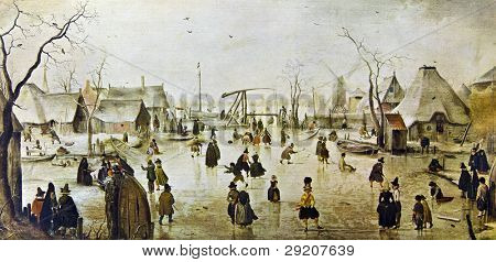 Hendrick Avercamp (1585-1634) « Scène sur la glace près de la ville ». Reproduction de l'encyclopédie illustrée