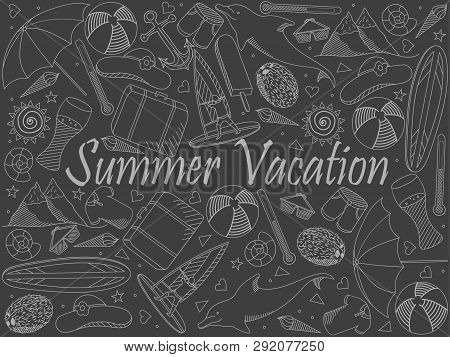Line Art Objects Piece Of Chalk. Theme Of Travel, Summer Vacation. Raster Over White Background