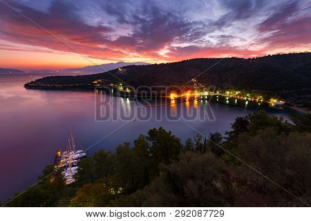 Morning View Of The Spilia Harbur On Meganisi Island As Seen From Spartochori Village.
