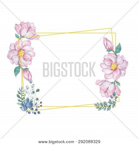 Watercolor Flowers And Leaves Wreath. Gold Frame Illustration. Square Clip Art Branch For Celebratio