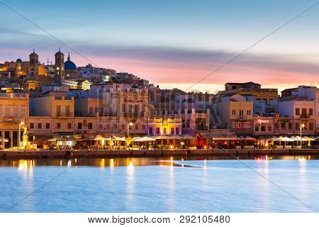 Ermoupoli, Greece - May 15, 2017: Seafront Of Ermoupoli Town On Syros Island In Greece.