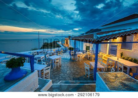 Skopelos, Greece - June 15, 2017: Restaurant On The Castle Hill In Skopelos Town, Greece.