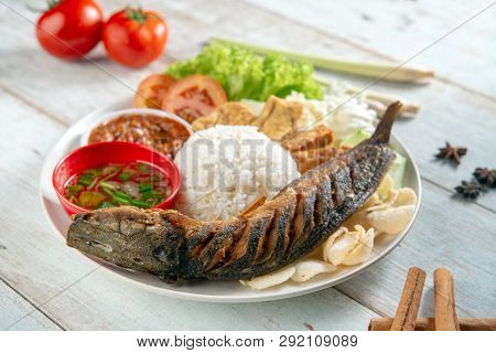 Fried catfish rice with sambal, popular traditional Malay or Indonesian local food.