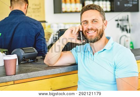 Man Mobile Conversation Cafe Barista Background. Drink Coffee While Waiting. Coffee Take Away Option