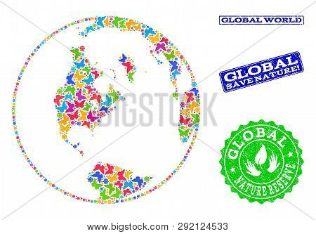 Eco Friendly Collage Of Bright Mosaic Map Of Global World And Rubber Seal Stamps With Nature Reserve