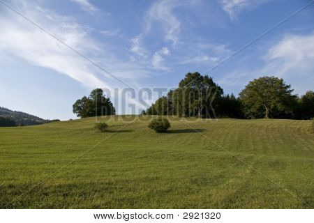 Pré et ciel bleu nuageux