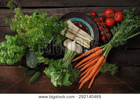 Vegetables, Composition Of Raw Vegetables On A Wooden Background.
