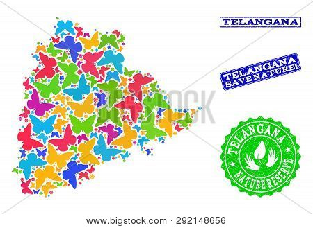 Eco Friendly Composition Of Bright Mosaic Map Of Telangana State And Grunge Seals With Nature Reserv