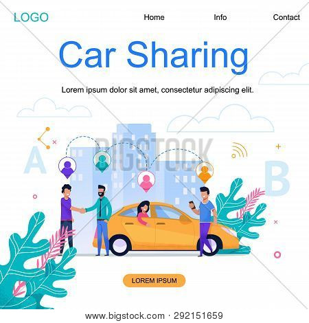 Car Sharing Square Banner. Modern Town Cab Carpool Business. Group Of Men Near Yellow City Vehicle W