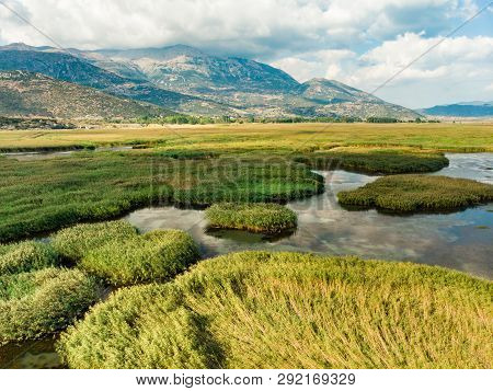 Aerial View Of Stymphalia Lake, Located In The North-eastern Part Of The Peloponnese, In Corinthia,