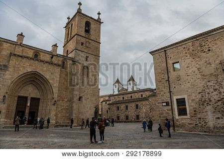 Caceres, Caceres, Spain - February 10, 2019: Tourists In The Santa Maria Square In The Old Town Of C