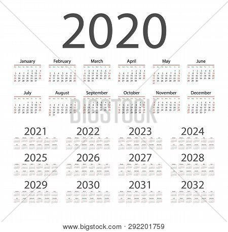 English Calendar For Years 2020-2032, Week Starts On Sunday
