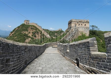 Panorama Of Mutianyu, A Section Of The Great Wall Of China. Mountains And Hill Ranges Surrounded By 