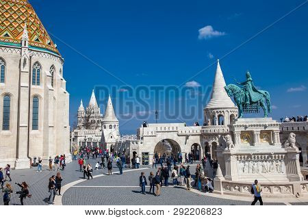 Budapest, Hungary - April, 2018: Fisherman Bastion A Terrace Located On The Buda Bank Of The Danube