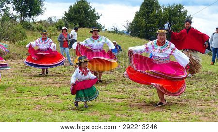 Cuenca, Ecuador-november 25, 2018: Group Of Ecuadorian Dancers Dressed As Cayambe People Performance